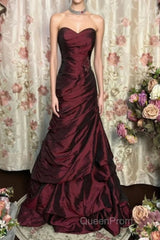 Wine Red Strapless Long Taffeta Sweet 16 Dresses, Wine Red Sweetheart Evening Prom Dresses Formal Gown