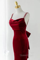 Wine Red Straps Low Back Mermaid Long Party Dresses, Wine Red Evening Dresses