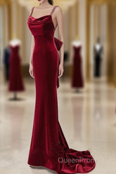 Wine Red Straps Low Back Mermaid Long Party Dresses, Wine Red Evening Dresses