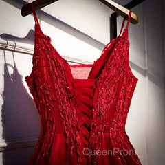 Wine Red Straps V-Neckline Lace Applique Long Evening Prom Dresses, Dark Red Formal Dresses