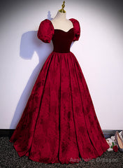 Wine Red Sweetheart Short Sleeves Long Party Dress, Wine Red Evening Dress Prom Dress