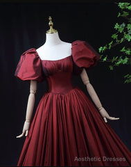 Wine Red Taffeta Short Sleeves Long Prom Dress, Wine Red Evening Dress Formal Dress