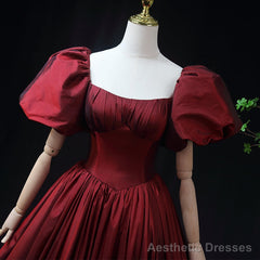 Wine Red Taffeta Short Sleeves Long Prom Dress, Wine Red Evening Dress Formal Dress