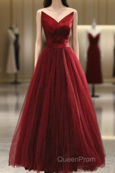 Wine Red Tea Length Tulle V-Neckline Evening Prom Dresses, Wine Red Tulle Party Dresses