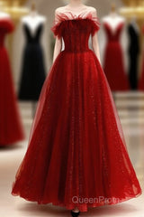 Wine Red Tull A-Line Scoop Long Evening Prom Dresses, Wine Red Tulle Evening Dresses