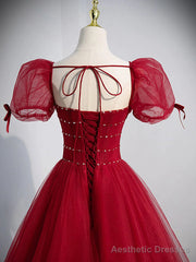 Wine Red Tulle A-line Beaded Long Prom Dress, Wine Red Formal Dress Party Dress