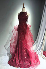 Wine Red Tulle And Sequins Halter Long Party Dresses, Wine Red New Style Evening Prom Dresses