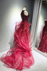Wine Red Tulle And Sequins Halter Long Party Dresses, Wine Red New Style Evening Prom Dresses