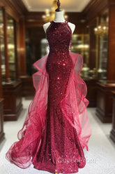 Wine Red Tulle And Sequins Halter Long Party Dresses, Wine Red New Style Evening Prom Dresses