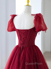 Wine Red Tulle Beaded Long Evening Prom Dresses, A-Line Sweetheart Formal Evening Dresses