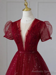 Wine Red Tulle Cap Sleeves Bridesmaid Dress, Wine Red Long Prom Dress