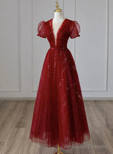 Wine Red Tulle Cap Sleeves Bridesmaid Dress, Wine Red Long Prom Dress