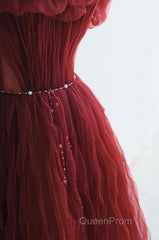 Wine Red Tulle Sequins Long Off Shoulder Party Dresses, Wine Red Tulle Evening Prom Dresses
