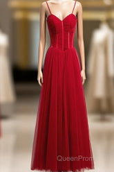 Wine Red Tulle Straps Long Sweetheart Party Dresses Formal Dresses, A-Line Dark Red Evening Dresses
