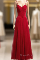 Wine Red Tulle Straps Long Sweetheart Party Dresses Formal Dresses, A-Line Dark Red Evening Dresses