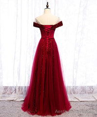 Wine Red Tulle with Velvet Long Party Dress, Wine Red Formal Dress Prom Dress