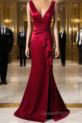 Wine Red V-Neckline Mermaid Long Party Dresses With Leg Slit, Wine Red Evening Prom Dresses