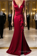 Wine Red V-Neckline Mermaid Long Party Dresses With Leg Slit, Wine Red Evening Prom Dresses