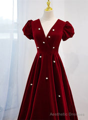 Wine Red V-neckline Velvet Prom Dress Party Dress, A-line Wedding Party Dress