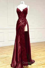 Wine Red V-Neclline Satin With Lace Long Evening Prom Dresses, Wine Red Leg Slit Party Dresses