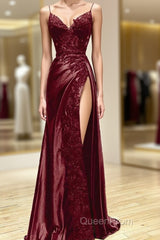 Wine Red V-Neclline Satin With Lace Long Evening Prom Dresses, Wine Red Leg Slit Party Dresses