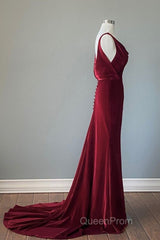 Wine Red Velvet Backless Straps Evening Prom Dresses, Wine Red Velvet Party Dresses