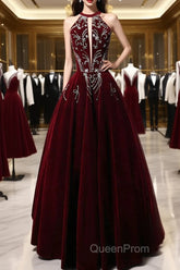 Wine Red Velvet Beaded Halter Long Formal Dresses, A-Line Velvet Evening Prom Dresses
