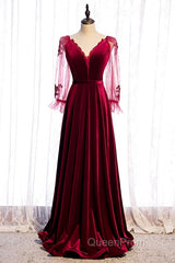 Wine Red Velvet Long Party Dresses Evening Prom Dresses, A-Line Long Sleeves Formal Dresses