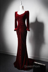 Wine Red Velvet Long Sleeves Mermaid Long Evening Prom Dresses, Wine Red Evening Dresses