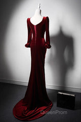 Wine Red Velvet Long Sleeves Mermaid Long Evening Prom Dresses, Wine Red Evening Dresses