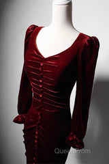 Wine Red Velvet Long Sleeves Mermaid Long Evening Prom Dresses, Wine Red Evening Dresses