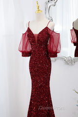 Wine Red Velvet Mermaid Long Party Dresses, Wine Red Vekvet Evening Prom Dresses