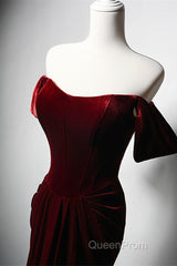 Wine Red Velvet Off Shoulder Long Mermaid Evening Prom Dresses, Wine Red Velvet Eveing Dresses