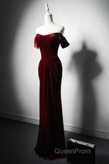 Wine Red Velvet Off Shoulder Long Mermaid Evening Prom Dresses, Wine Red Velvet Eveing Dresses