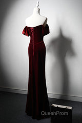 Wine Red Velvet Off Shoulder Long Mermaid Evening Prom Dresses, Wine Red Velvet Eveing Dresses