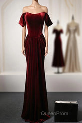 Wine Red Velvet Off Shoulder Long Mermaid Evening Prom Dresses, Wine Red Velvet Eveing Dresses