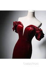Wine Red Velvet Off Shoulder Mermaid Long Evening Prom Dresses, Long Lace-Up Evening Dresses