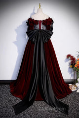 Wine Red Velvet Off Shoulder Party Dresses With Bow, Wine Red Velvet Long Evening Prom Dresses