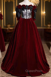 Wine Red Velvet Off Shoulder Party Dresses With Bow, Wine Red Velvet Long Evening Prom Dresses