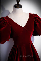 Wine Red Velvet Puffy Short Sleeves Party Dresses, Velvet Long Bridesmaid Dresses