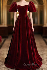 Wine Red Velvet Puffy Short Sleeves Party Dresses, Velvet Long Bridesmaid Dresses