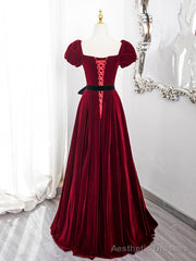 Wine Red Velvet Short Sleeves A-line Prom Dress, Wine Red Long Party Dress