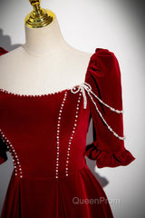 Wine Red Velvet Short Sleeves Long Evening Prom Dresses, Wine Red A-Line Evening Dresses