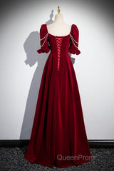 Wine Red Velvet Short Sleeves Long Evening Prom Dresses, Wine Red A-Line Evening Dresses
