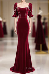 Wine Red Velvet Short Sleeves Long Evening Prom Dresses, Wine Red A-Line Evening Dresses