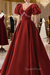Wine Red Velvet V-Neckline Beaded Short Sleeves Party Dresses, Wine Red Long Evening Prom Dresses