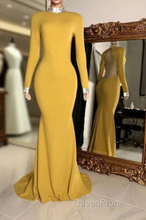 Winter Wedding Guest Dresses Long Sleeves High Neck Yellow Evening Prom Dresses
