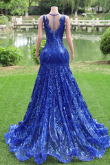 Women Sequined Royal Blue Prom Dresses Sleeveless Cocktail Party Gowns Light Luxury Luxury Evening Dresses