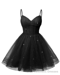 Womens V Neck Tulle Spaghetti Straps Black Homecoming Dresses with Corset Back Short Prom Gowns for Teens