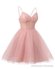 Womens V Neck Tulle Spaghetti Straps Blush Pink Homecoming Dresses with Corset Back Short Prom Gowns for Teens